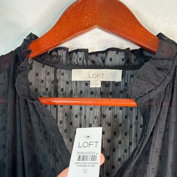 Loft Black Sheer Swiss Dot Pleated Long Sleeve Dress Womens 12 NWT Fairy Grunge - Picture 6 of 11